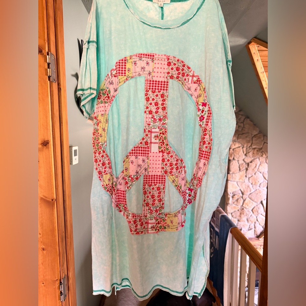 Aqua Peace Sign Graphic T-Shirt Dress by Oli & Hali